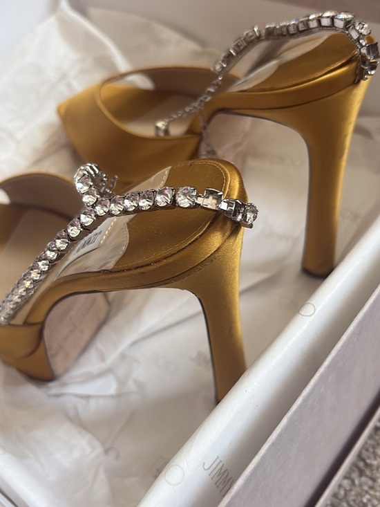 Jimmy Choo Shoes - Jimmy Choo Gold Satin Crystal T-Strap Stiletto Sandals